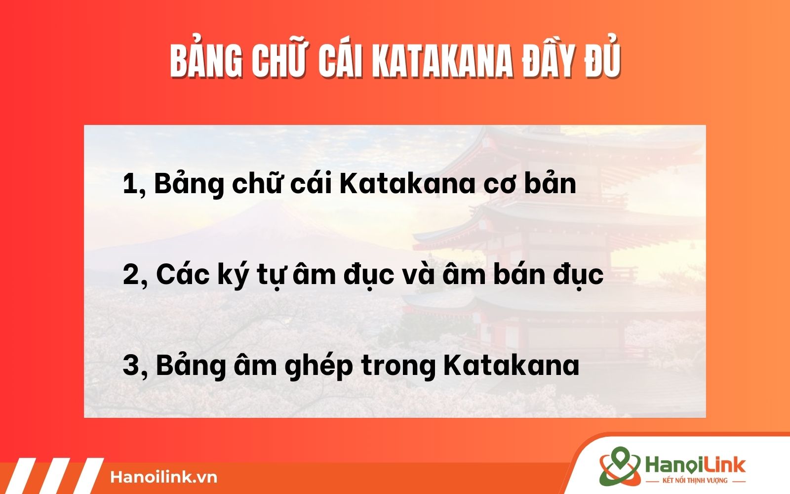 Bảng chữ cái Katakana đầy đủ sẽ gồm các âm đục, âm bán đục, âm ghép