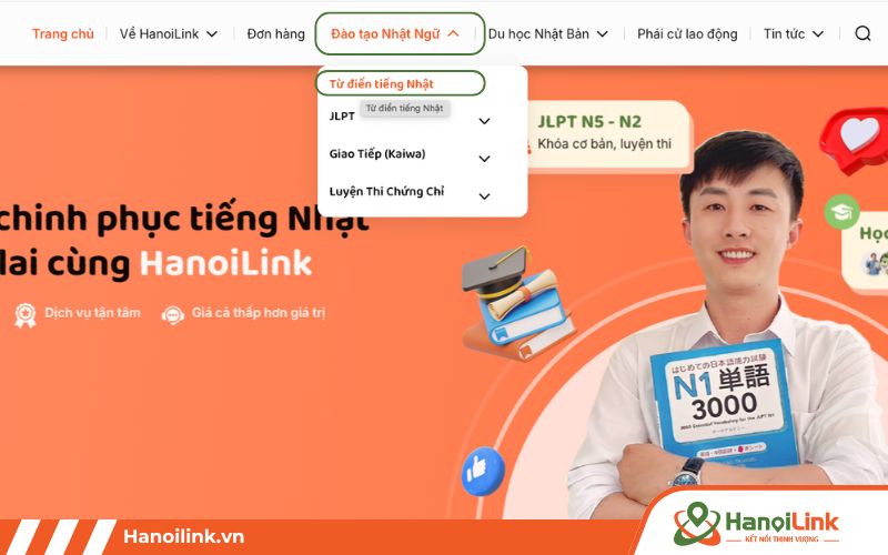 Trên menu website HanoiLink, trong hạng mục "Đào tạo Nhật ngữ" chọn "Từ điển tiếng Nhật"
