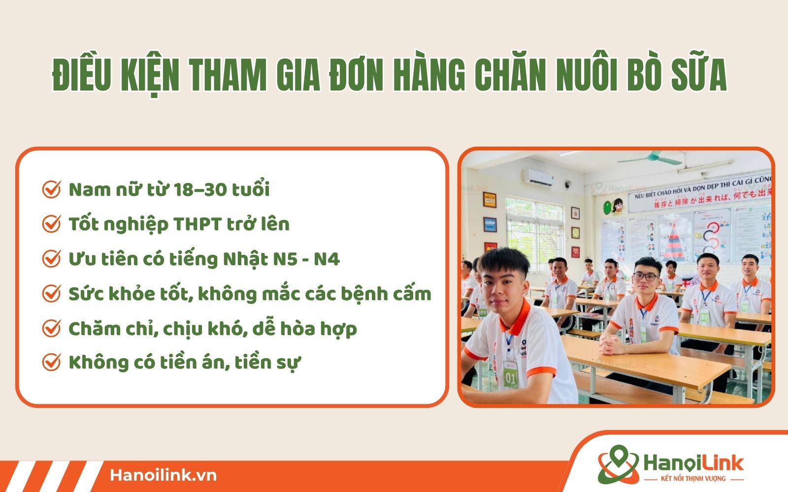 Điều kiện tham gia đơn hàng vắt sữa bò Nhật Bản là có sức khỏe tốt, có chưng chỉ THPT...