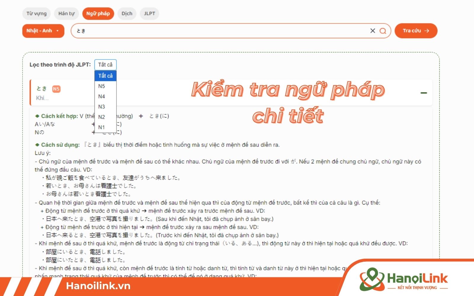Tra từ điển tiếng Nhật miễn phí với hệ thống ngữ pháp từ N5 - N1 chi tiết
