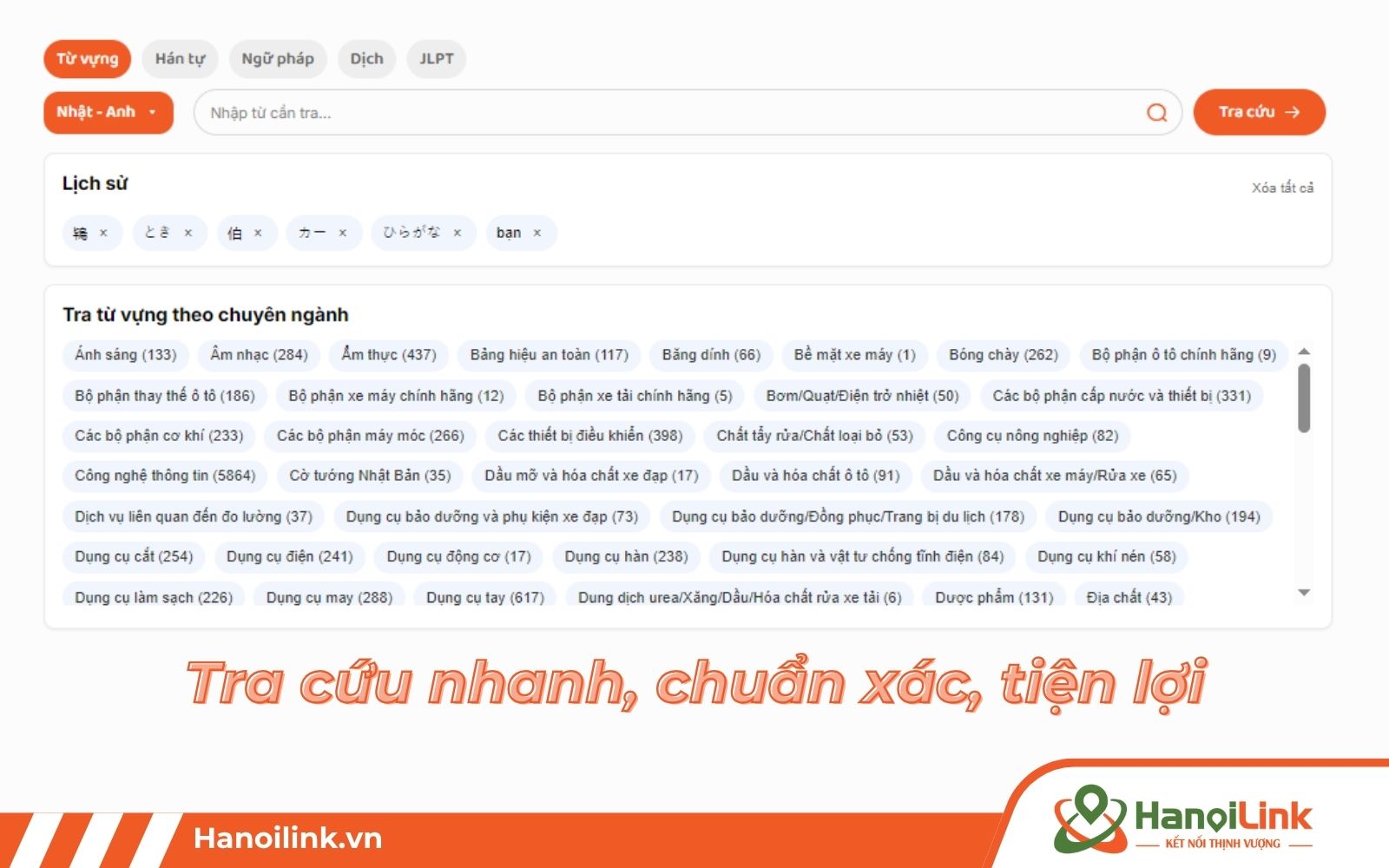 Tra từ điển Việt Nhật - Nhật Việt hoặc đa ngôn ngữ trên trang tra từ điển của HanoiLink