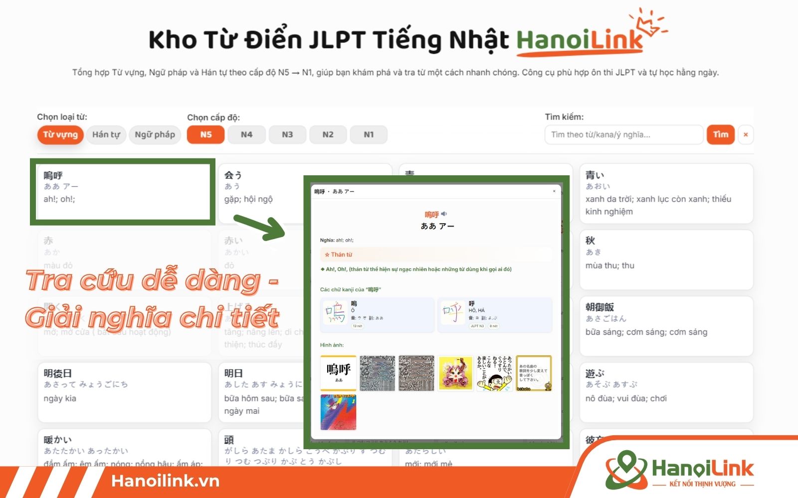 Tra cứu từ vựng, ngữ pháp, hán tự thuộc JLPT N5-N1 chi tiết tại trang tra từ điển tiếng Nhật của HanoiLink