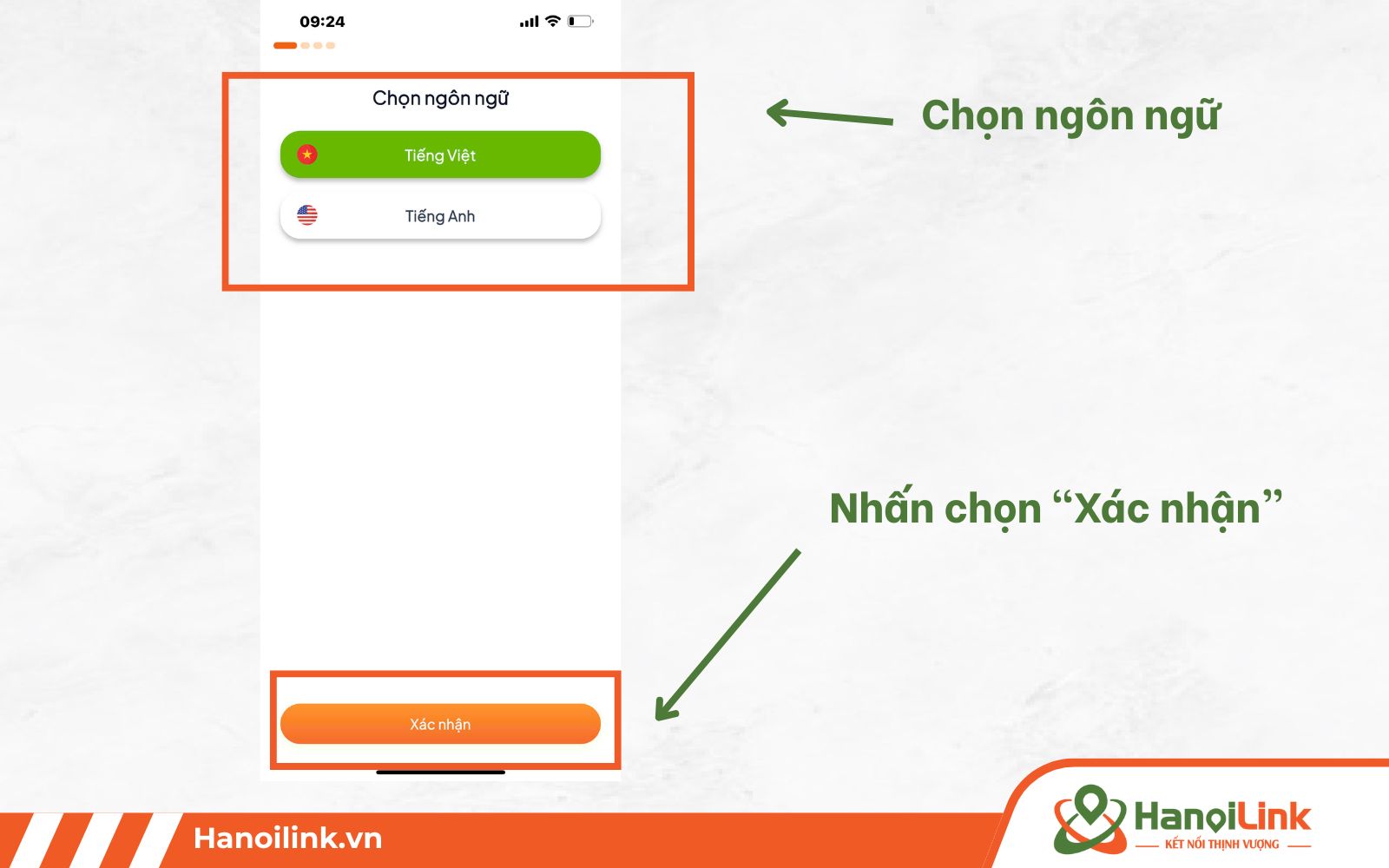Mở app HaLin và tùy chọn ngôn ngữ bạn muốn hiển thị