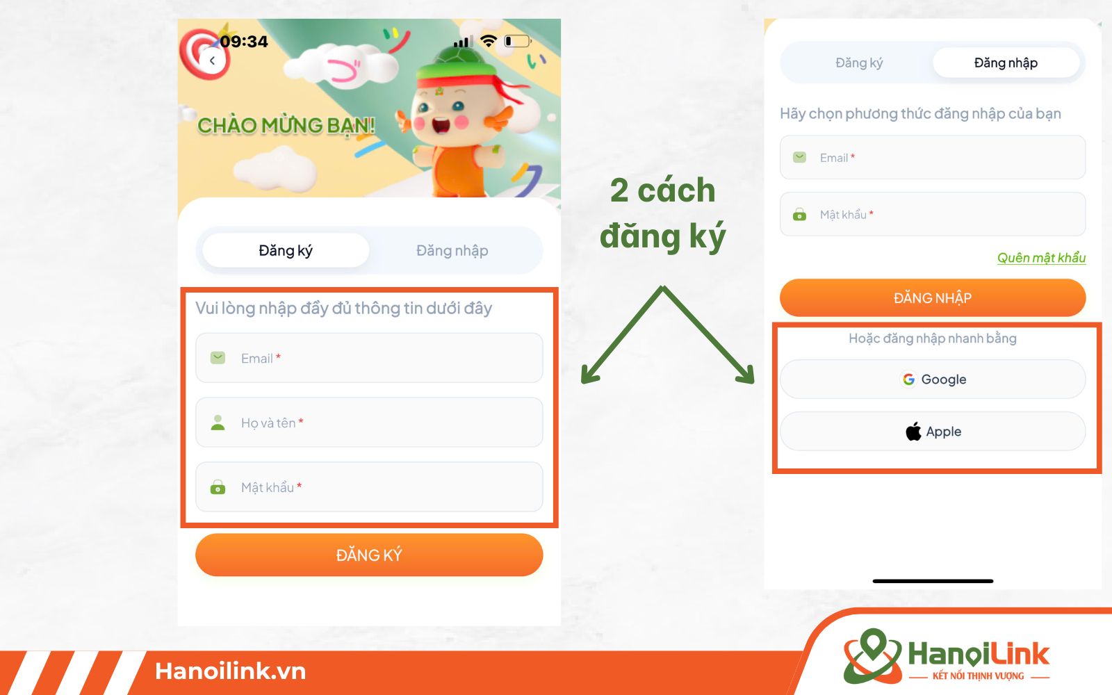 Người dùng có thể đăng ký qua tài khoản email cá nhân hoặc login trực tiếp qua Google, Apple