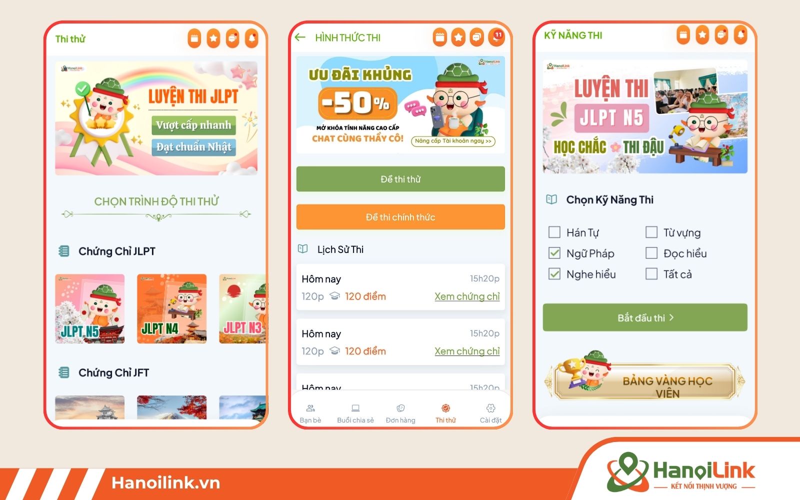 Học viên có thể tùy chọn ôn luyện đề thi thử hoặc thi chính thức trên app HaLin
