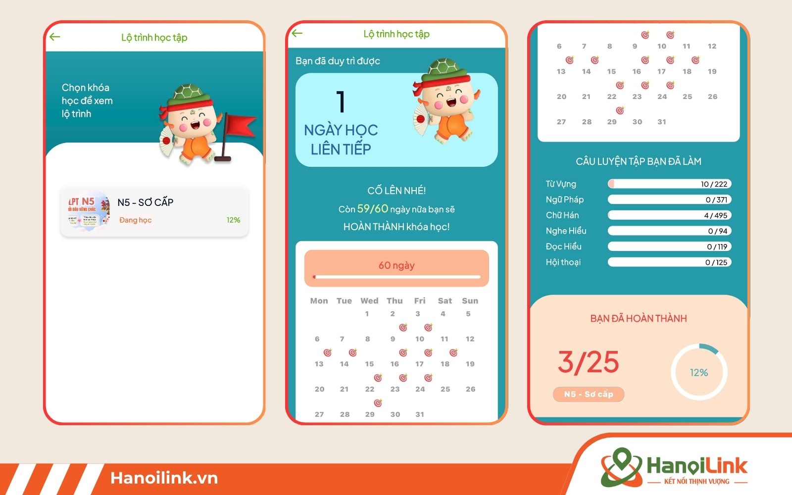 Ứng dụng học tiếng Nhật HaLin còn có lộ trình rõ ràng, tiện lợi theo dõi từng ngày