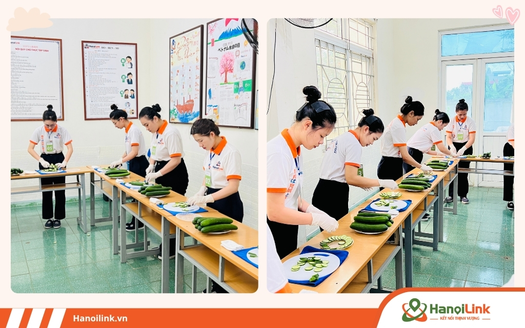 Học viên thi thực hành chế biến thực phẩm trong kỳ thi tuyển đơn hàng Nhật