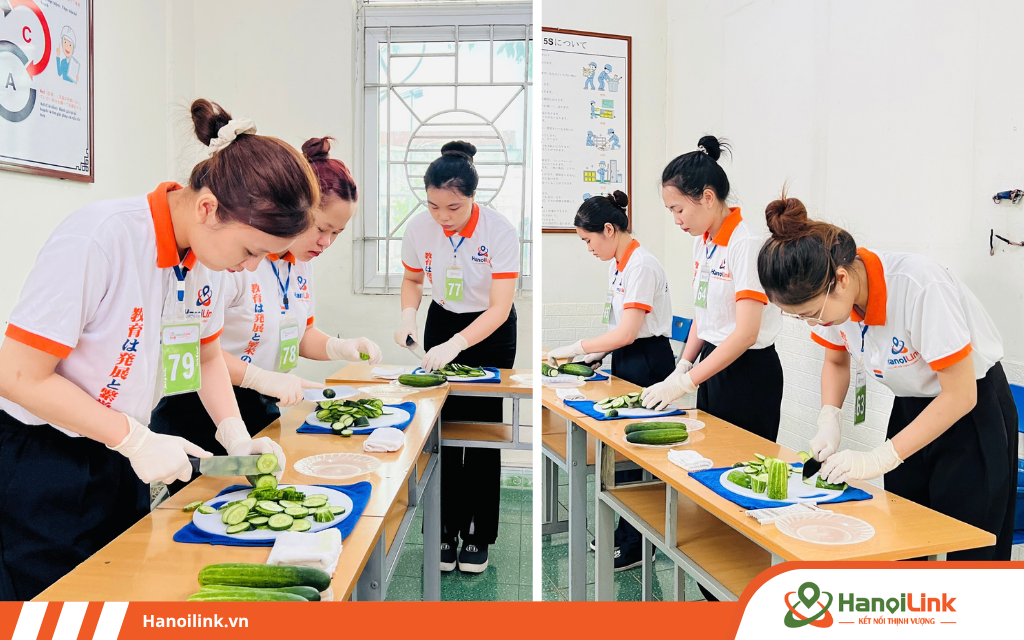 Học viên thi thực hành chế biến thực phẩm trong kỳ thi tuyển đơn hàng Nhật